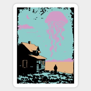 The Celestial Jellyfish Visitor - Surreal Coastal Dreamscape Sticker